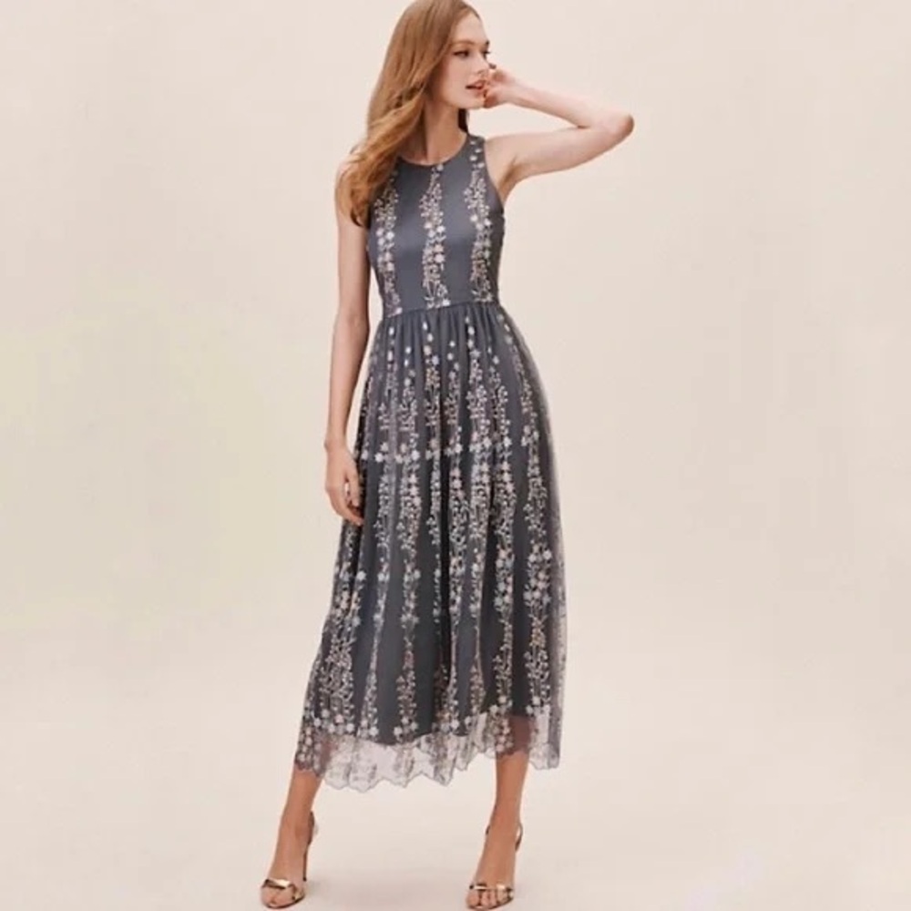 BHLDN Sleeveless Gray Floral Embroidered Midi Dress - Size 0